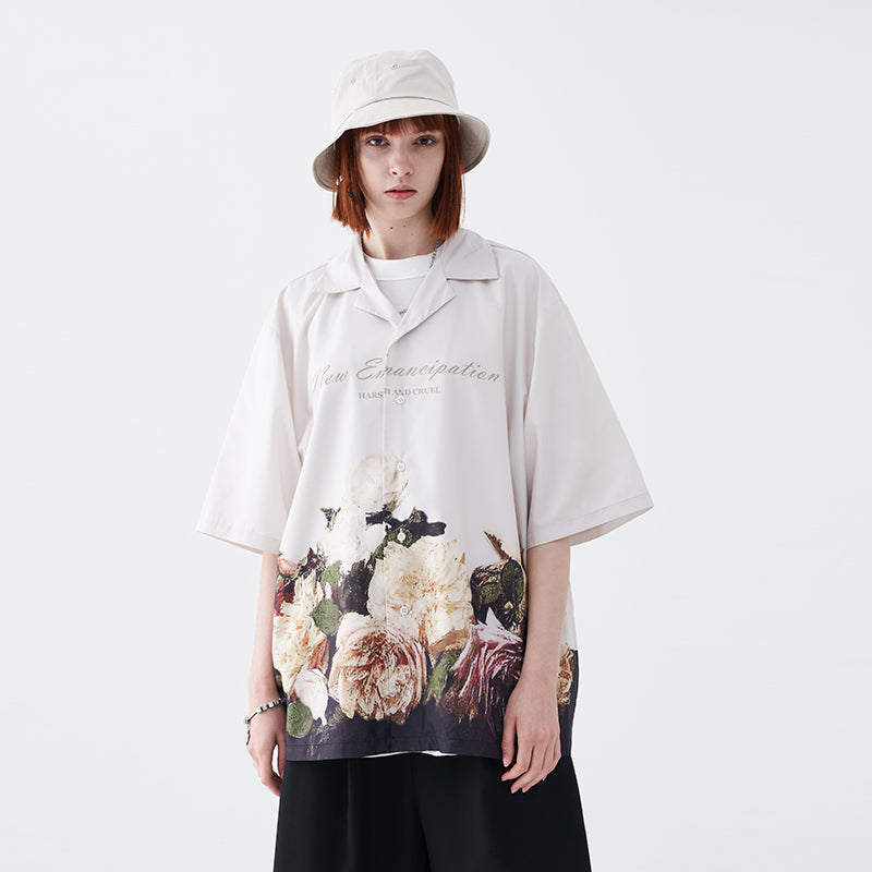 Retro Oil Painting Flowers Cuban Shirt