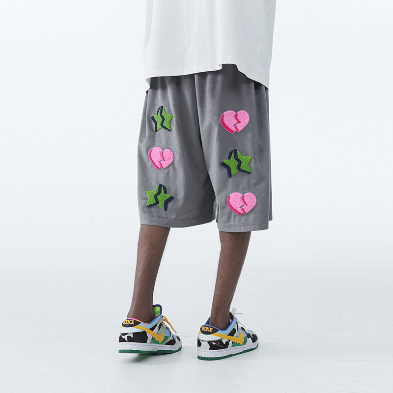 Embroidered Broken Heart Velvet Shorts