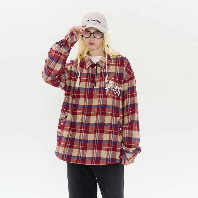 Embroidered Logo Checkered Zipper L/S Shirt