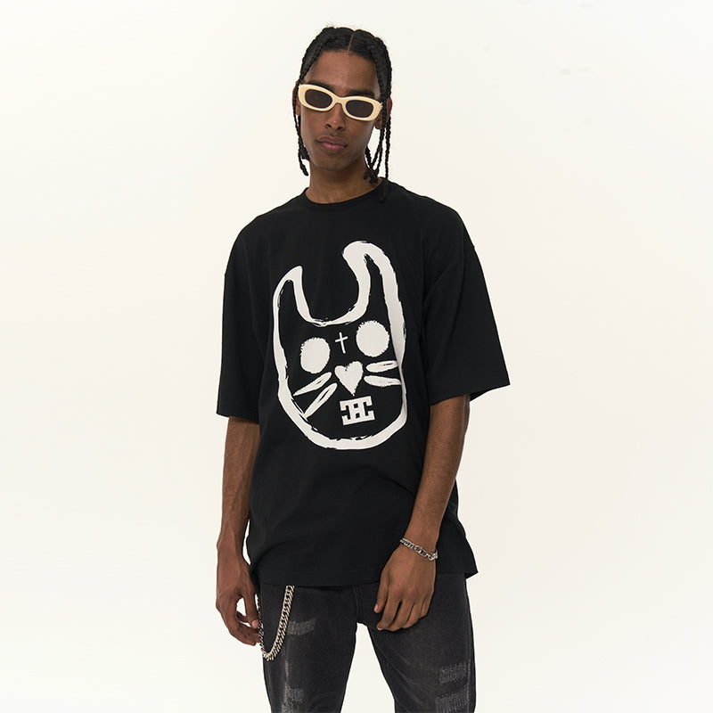 Handpainted Cat Face Printed Tee