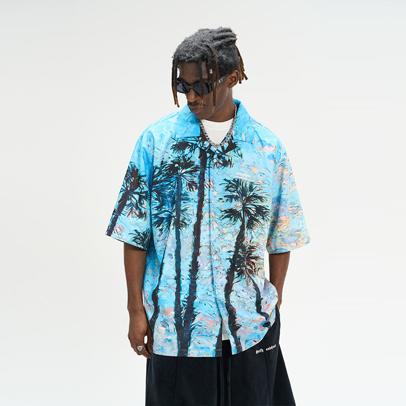 Handpainted Palms Gothic Logo Cuban Shirt