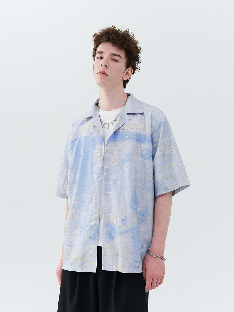 Monet Oil Painting Charing Cross Bridge Cuban Shirt