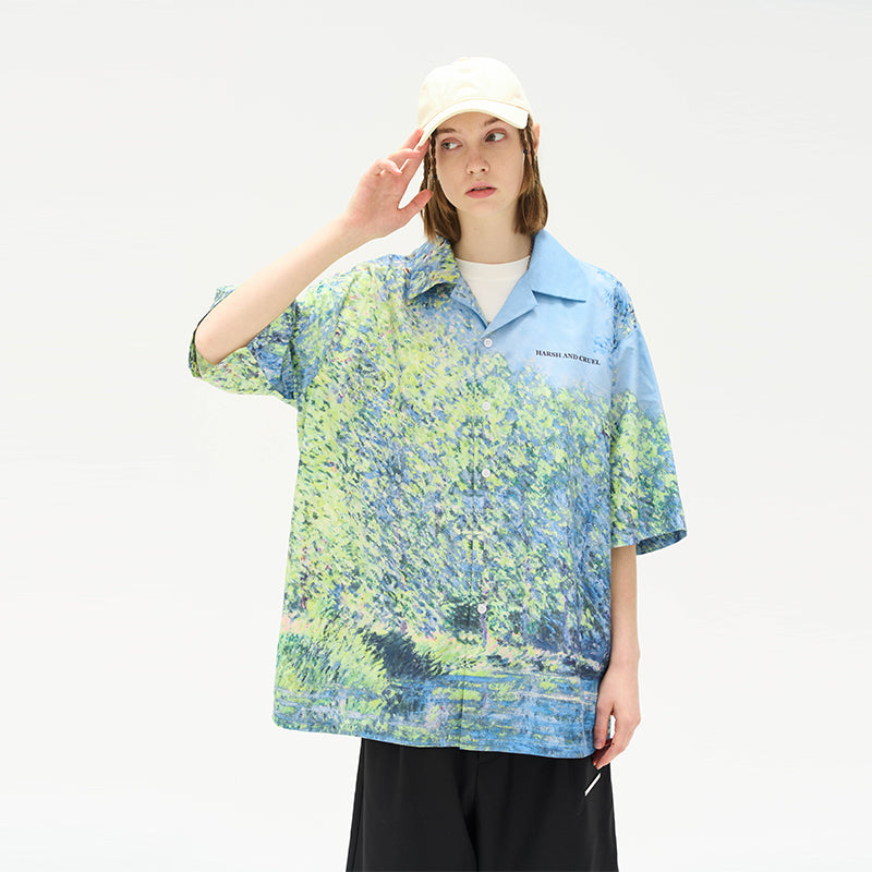 Monet Oil Painting Forest Full Print Cuban Shirt