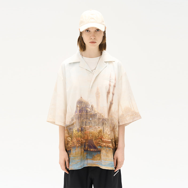 Oil Painting Castle Full Print Cuban Shirt