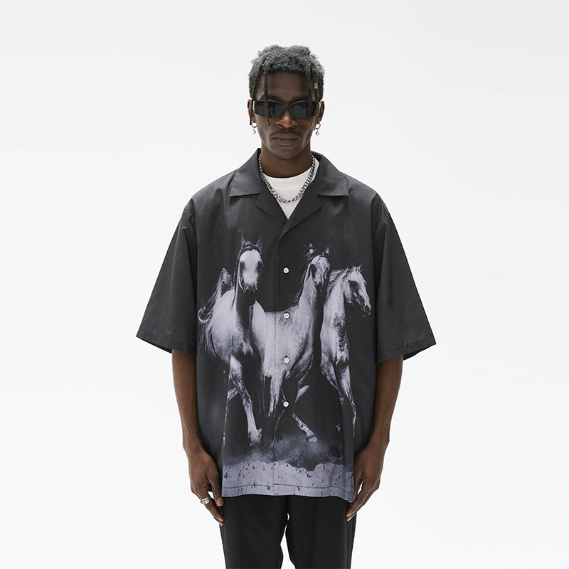 Negative Desert Horses Printed Cuban Shirt