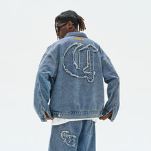 Load image into Gallery viewer, Distressed Gothic Logo Denim Jacket
