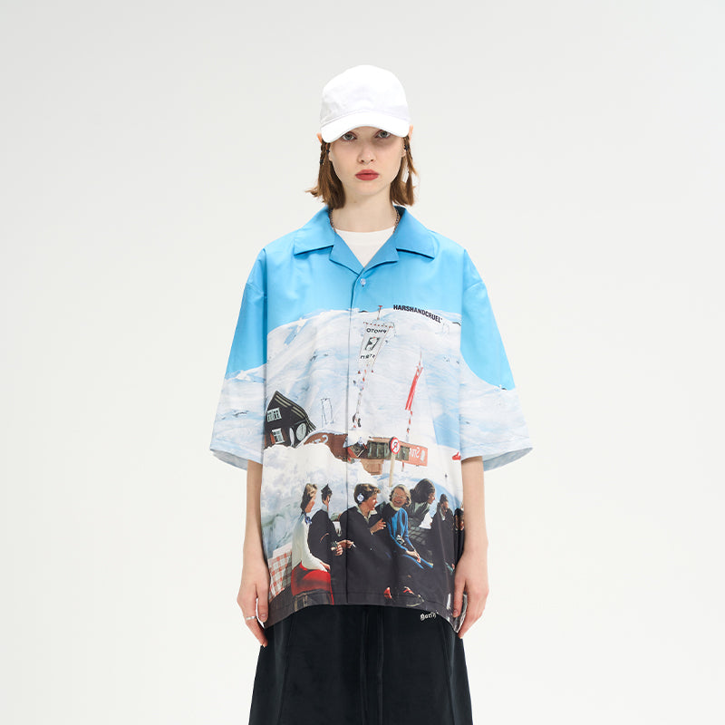 Retro Skiers Full Print Cuban Shirt