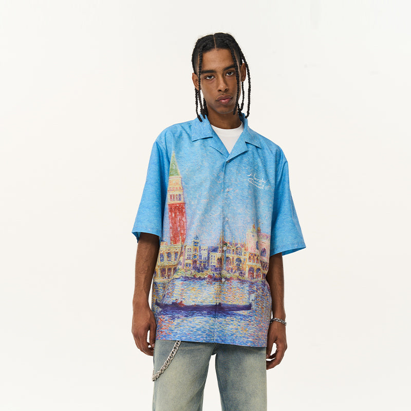 Venice Landscape Pointillism Painting Cuban Shirt