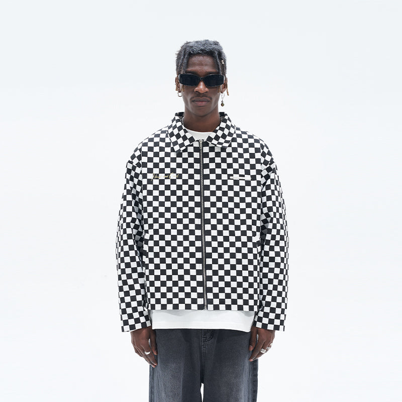 Checkerboard Printed Zipper Jacket