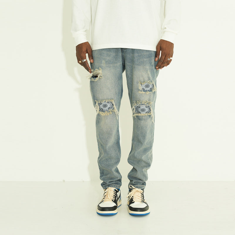 Distressed Flower Print Distressed Loose Denim