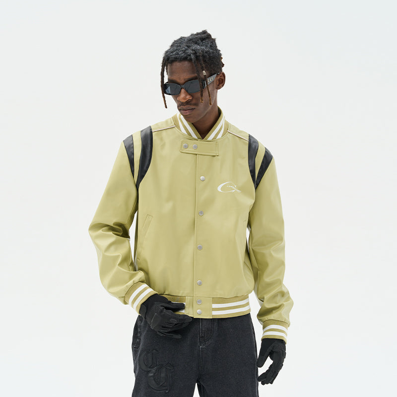 Contrast Panels Faux Leather Jacket