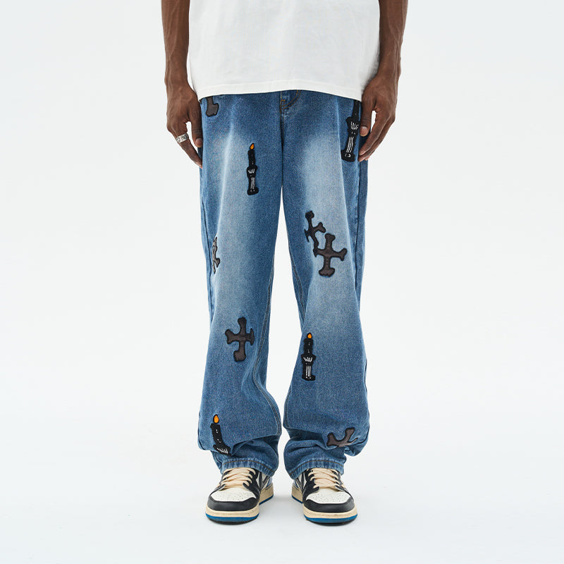 Religious Candles Embroidered Denim