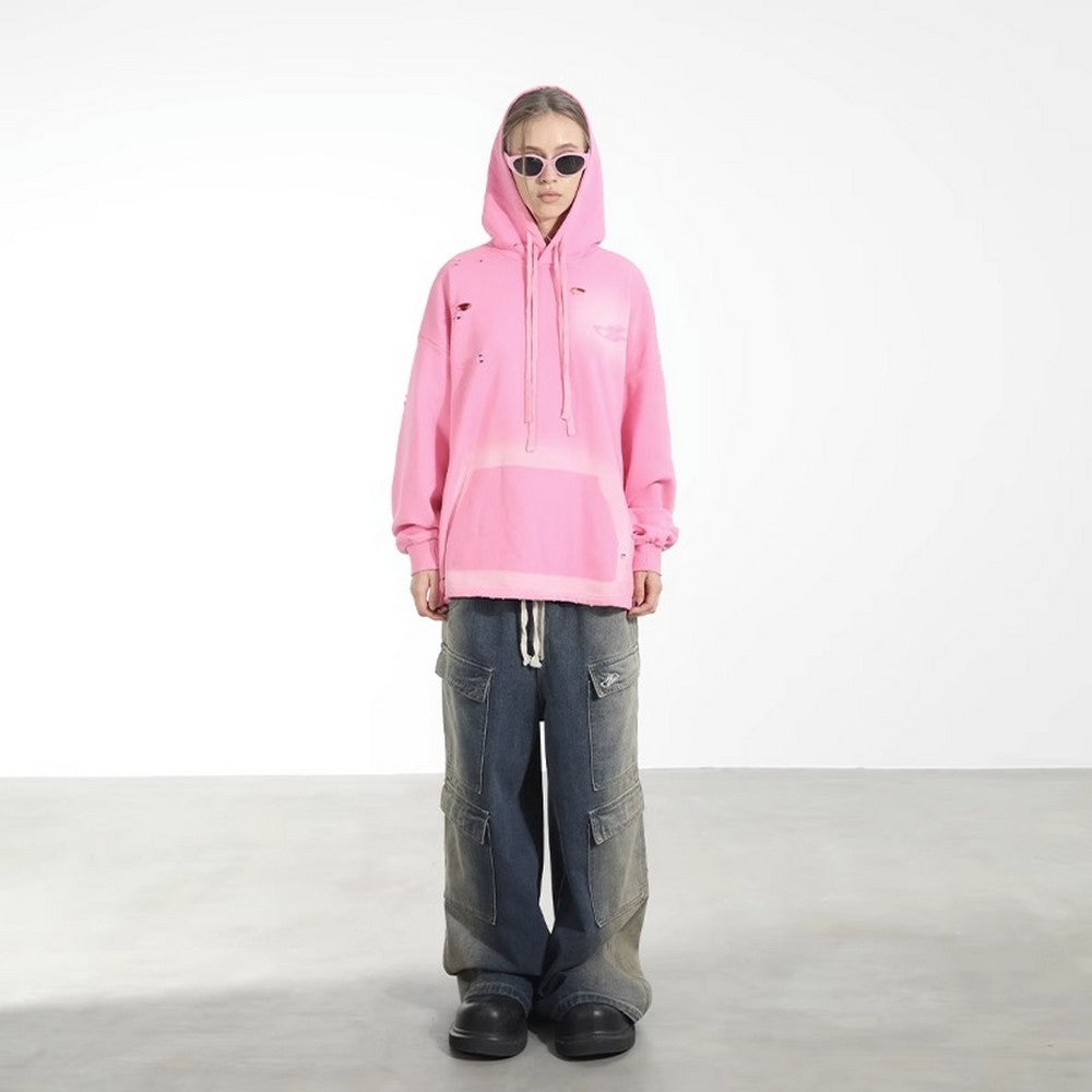 Destroyed Washed Drawstrings Hoodie