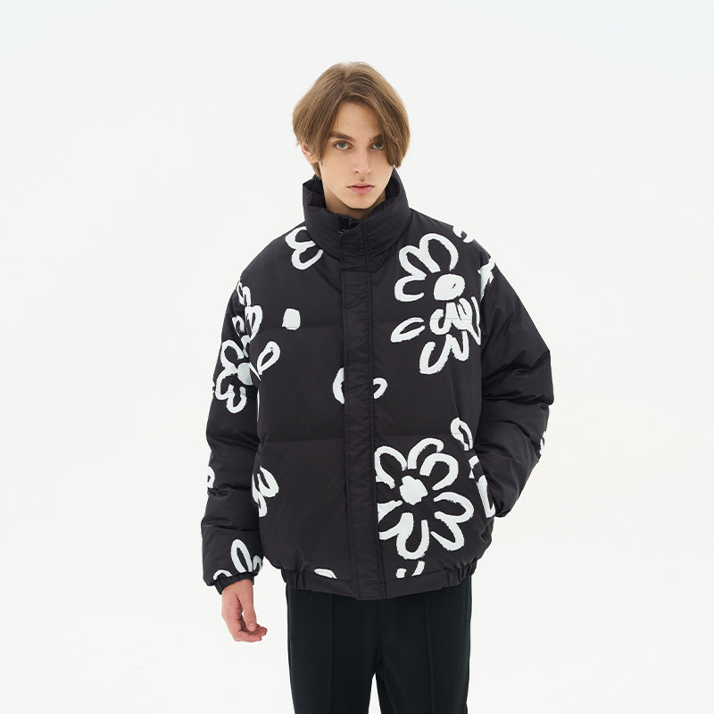 Watercolor Flowers Stand Up Collar Down Jacket