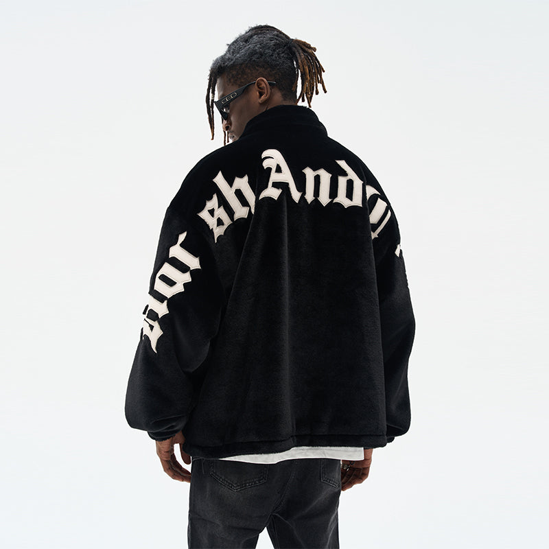 Embroidered Logo Faux Fur Jacket