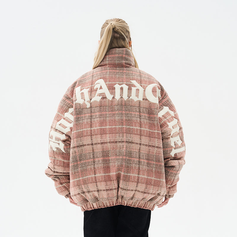 Leather Embroidered Gothic Logo Plaid Down Jacket