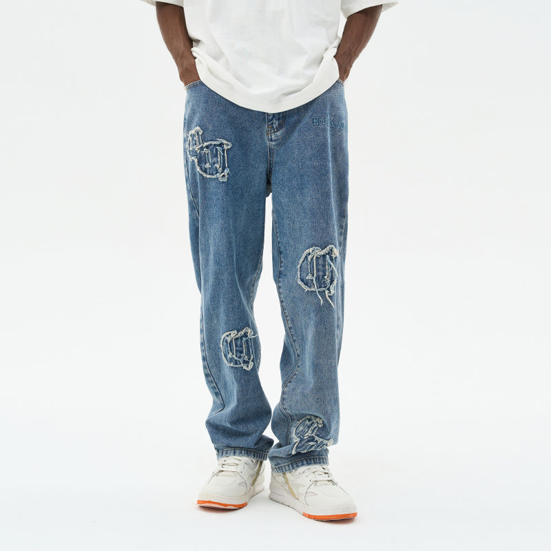 Distressed Embroidered Gothic Logo Denim