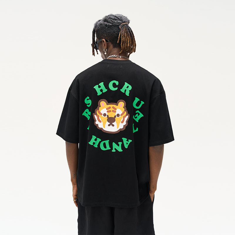 Cartoon Tiger Logo Ring Printed Tee