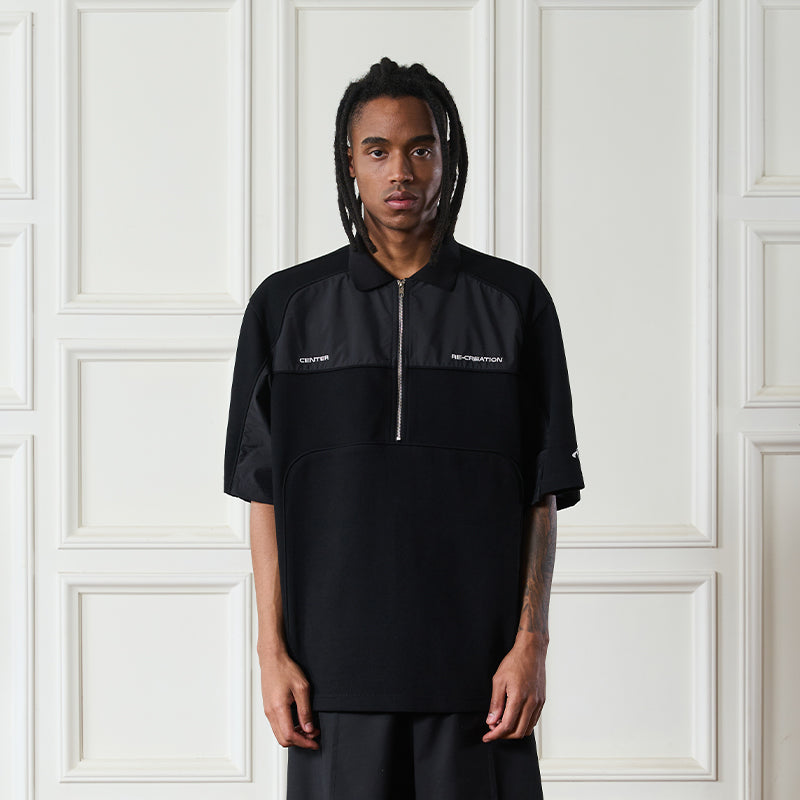 Splicing Embroidered Zipper Polo Shirt