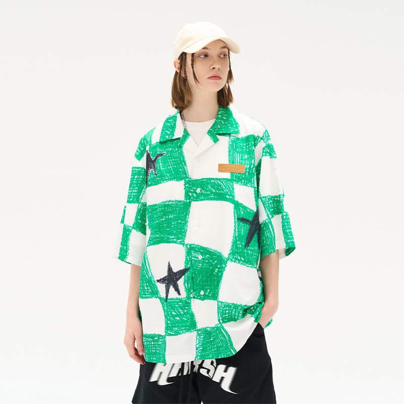 Hand Drawn Checkerboard Full Print Cuban Shirt
