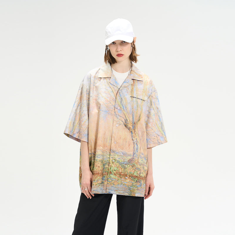 Forest Lake Oil Painting Full Print Cuban Shirt