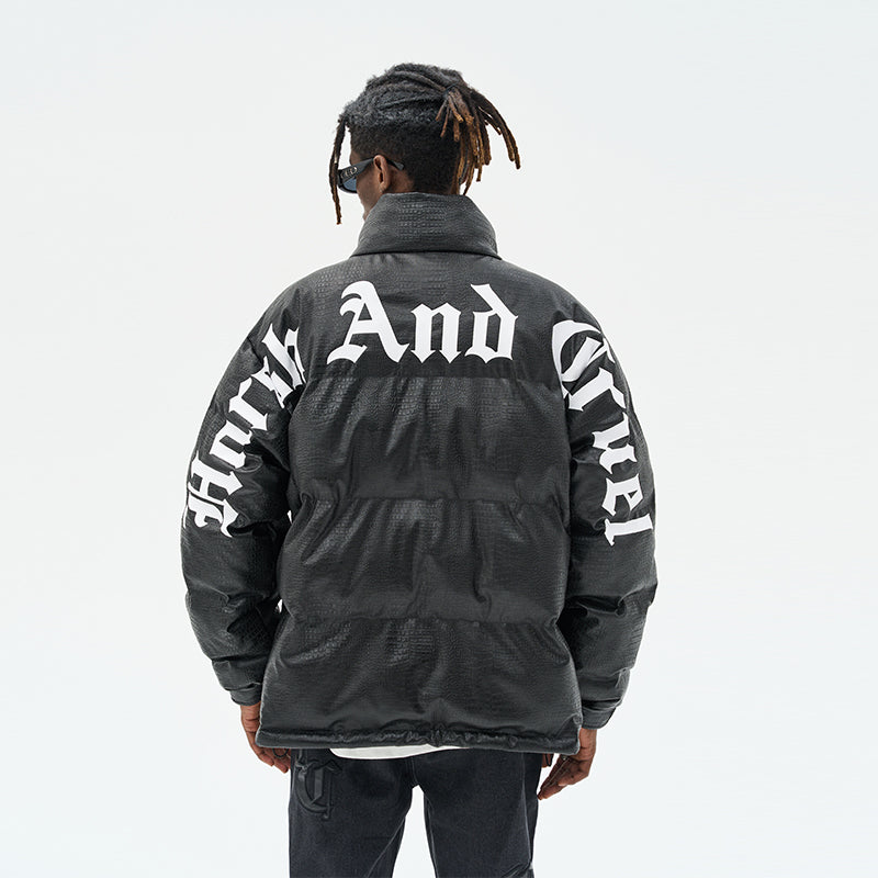 Faux Crocodile Leather Gothic Logo Down Jacket