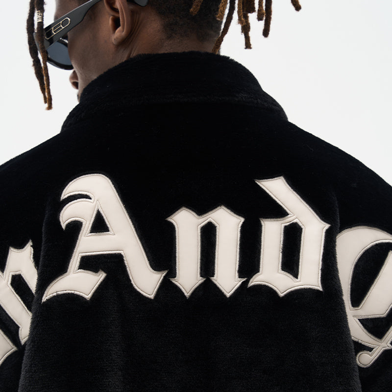 Embroidered Logo Faux Fur Jacket