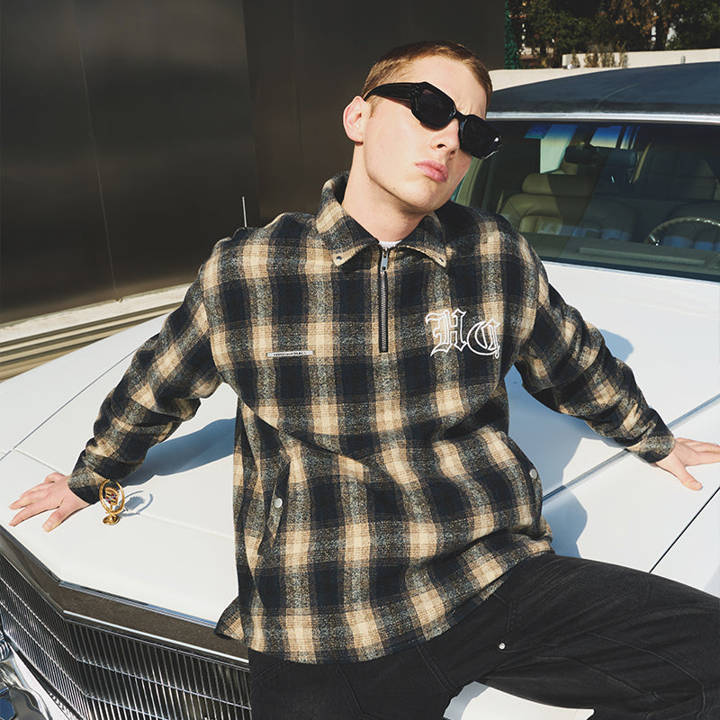 Embroidered Logo Checkered Zipper L/S Shirt