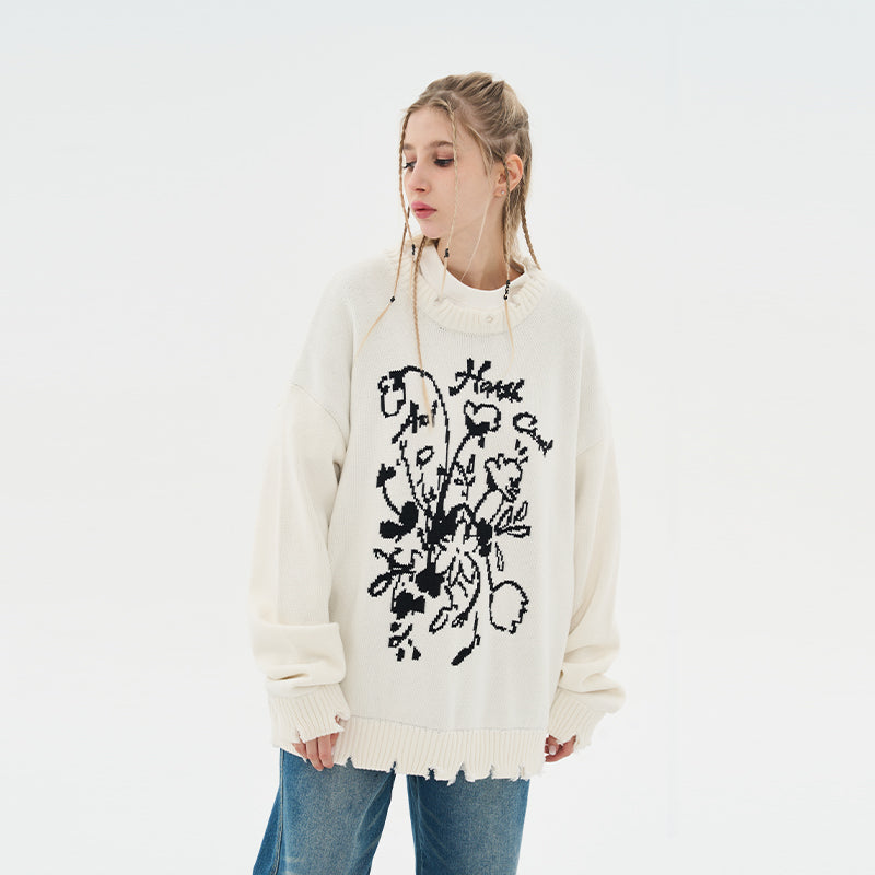 Hand Drawn Flowers Knit Sweater