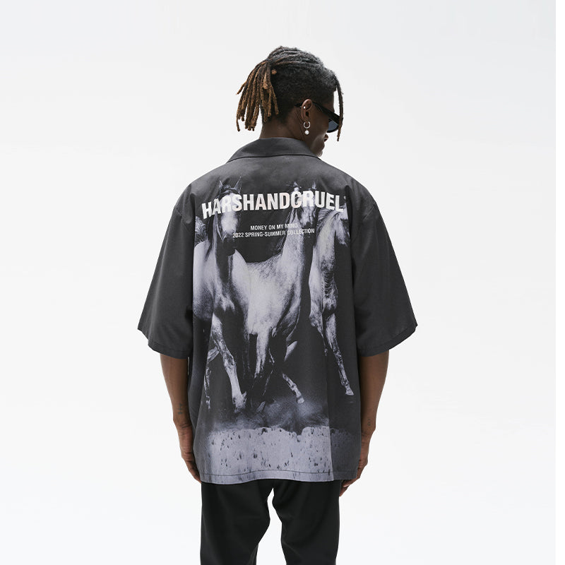 Negative Desert Horses Printed Cuban Shirt