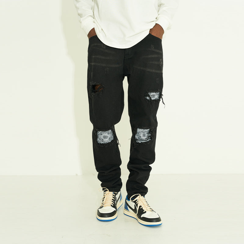 Distressed Flower Print Distressed Loose Denim