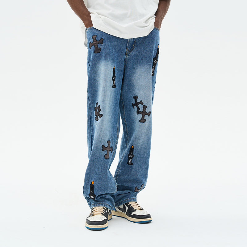 Religious Candles Embroidered Denim