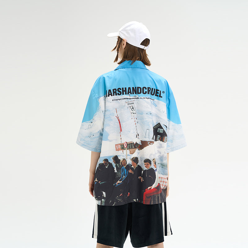 Retro Skiers Full Print Cuban Shirt