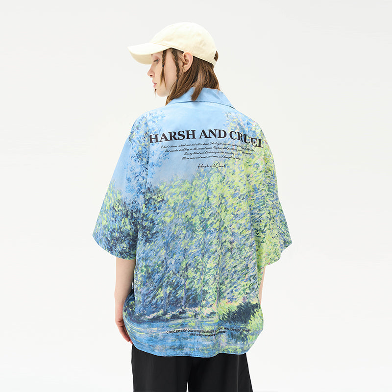 Monet Oil Painting Forest Full Print Cuban Shirt