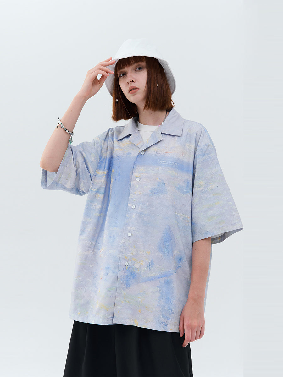 Monet Oil Painting Charing Cross Bridge Cuban Shirt