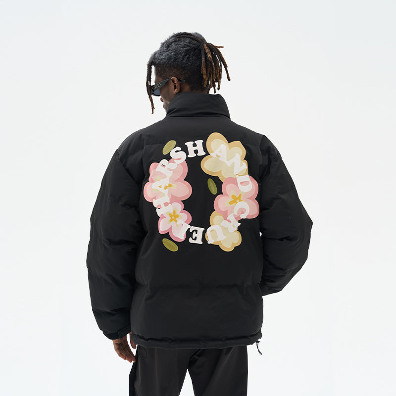 Handpainted Cartoon Flowers Logo Ring Down Jacket