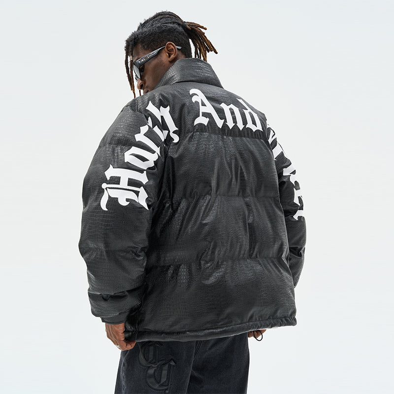 Faux Crocodile Leather Gothic Logo Down Jacket