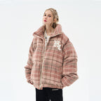 Leather Embroidered Gothic Logo Plaid Down Jacket