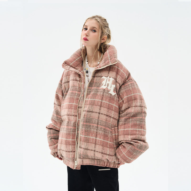 Leather Embroidered Gothic Logo Plaid Down Jacket