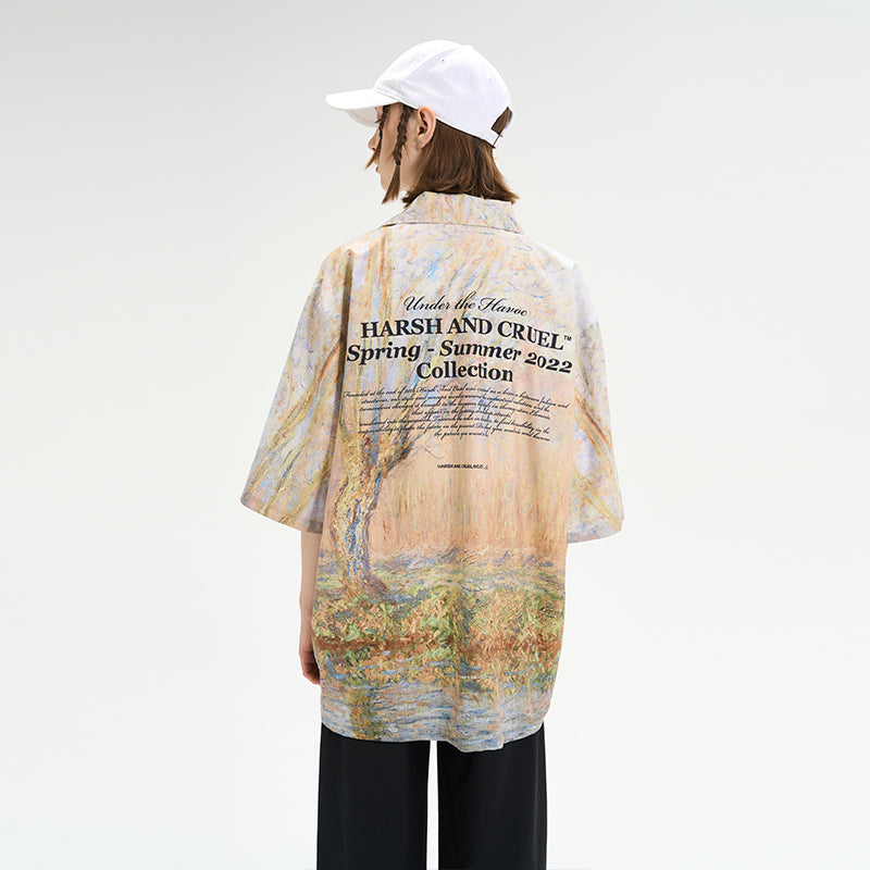 Forest Lake Oil Painting Full Print Cuban Shirt