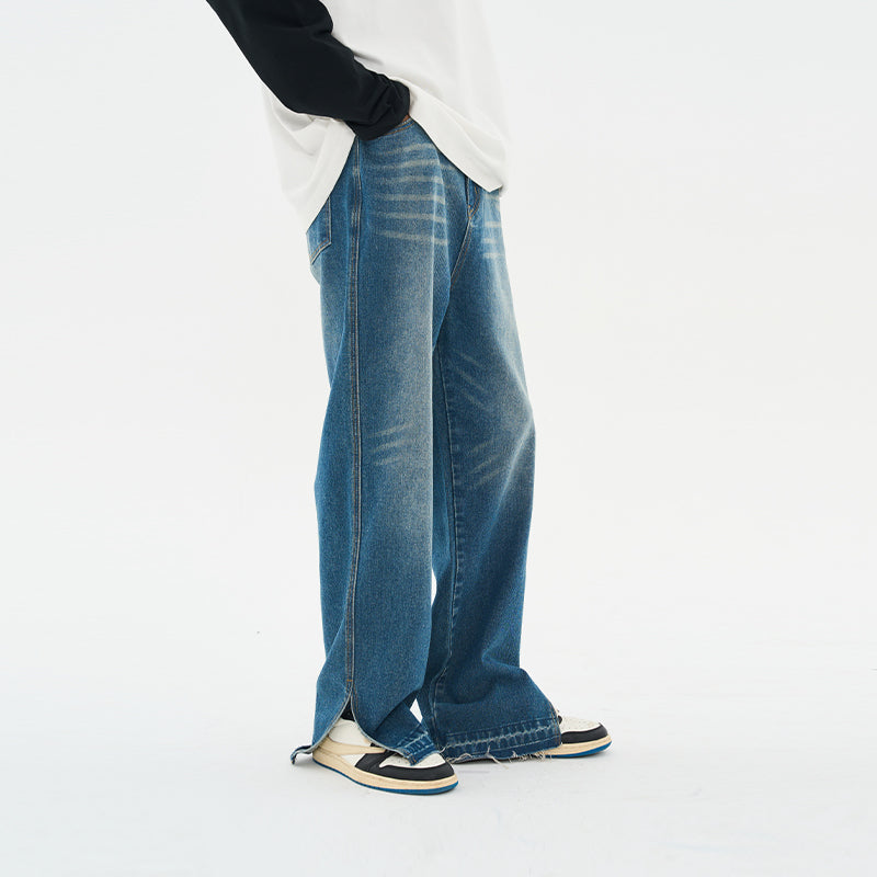 Washed Frayed Straight Denim