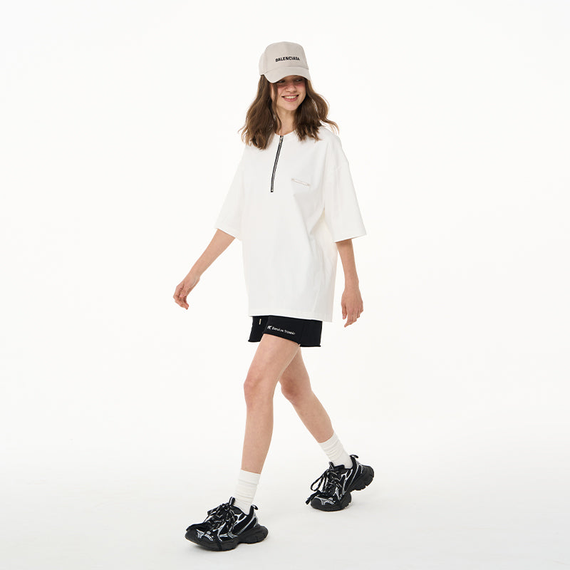 Irregular Round Neck Zipper Tee