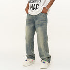 Washed Straight Zipper Flared Denim