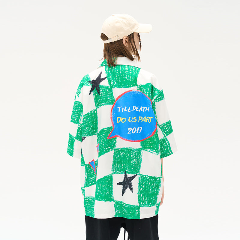 Hand Drawn Checkerboard Full Print Cuban Shirt