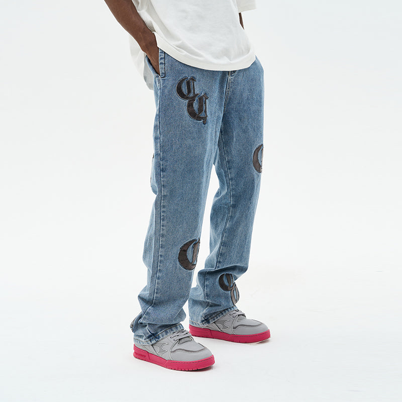 Leather Embroidered Logo Denim