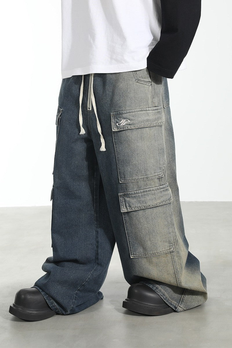 Multi Pocket Washed Baggy Denim