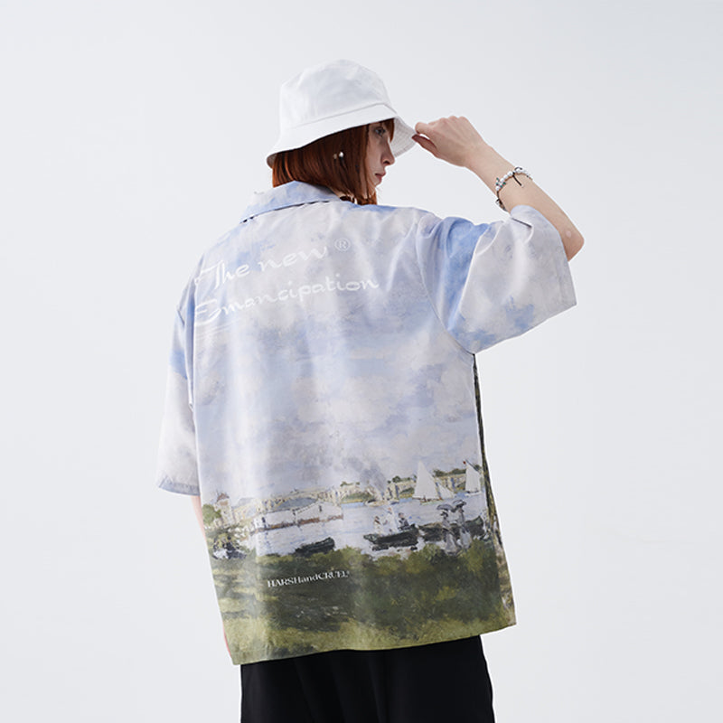 Monet Oil Painting Landscape Cuban Shirt