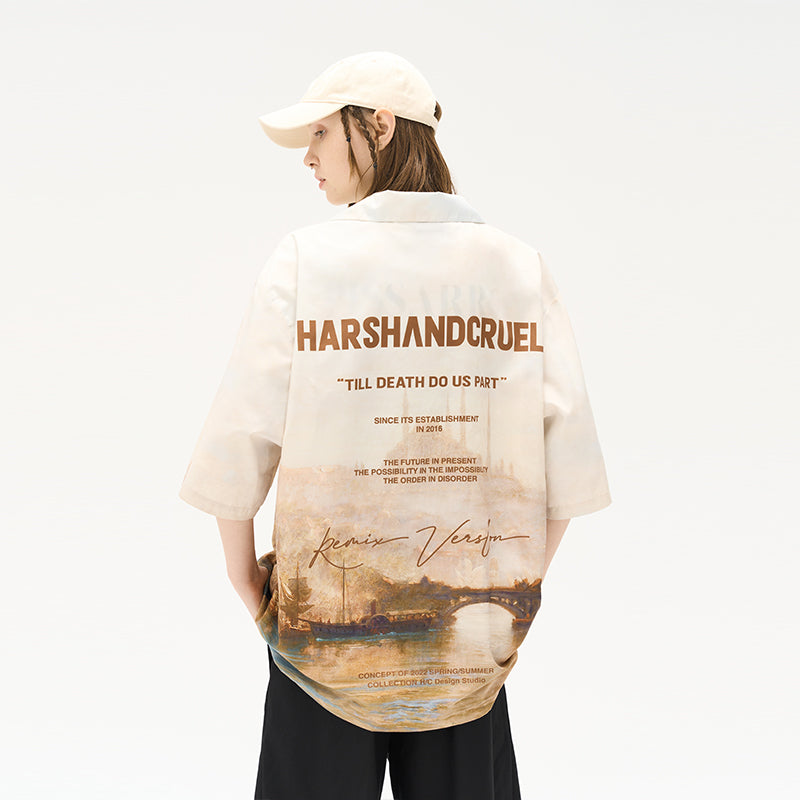 Oil Painting Castle Full Print Cuban Shirt