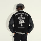 Religious Cross Embroidered Varsity Jacket