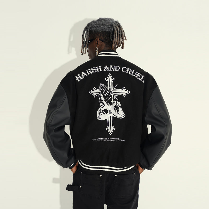 Religious Cross Embroidered Varsity Jacket